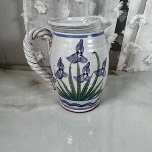 SJ Pottery Bethel Missouri Iris Clay Pitcher‎ Vase Applied Twisted Handle USA